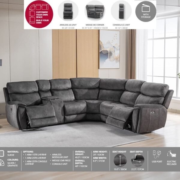 Comfort Craze Couch Modular USB Port Recliner Graphite Sofa