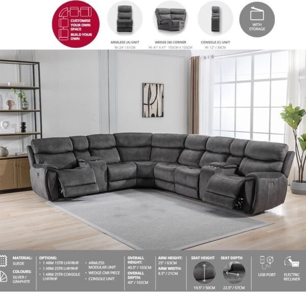 Comfort Craze Couch Modular USB Port Recliner Graphite Sofa - Image 2