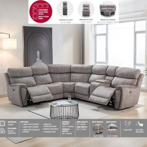 Comfort Craze Couch Modular USB Port Recliner Silver Sofa