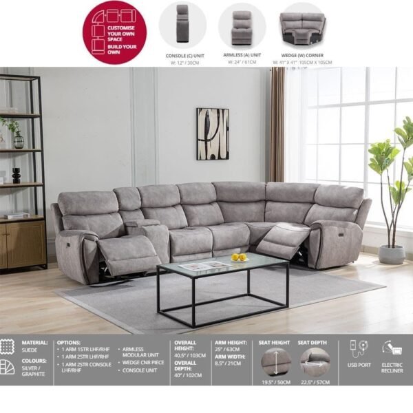Comfort Craze Couch Modular USB Port Recliner Silver Sofa - Image 2