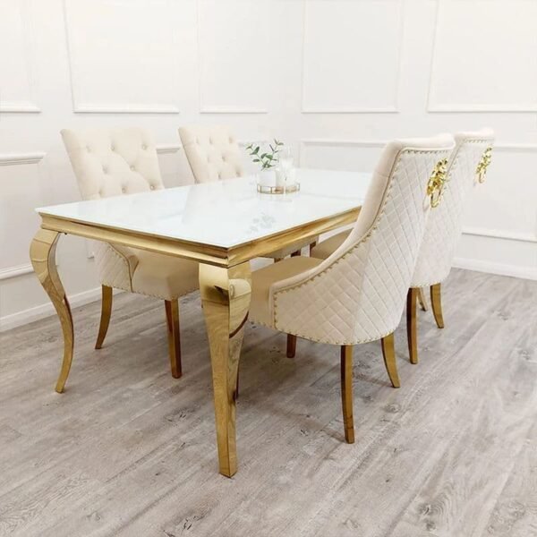 Elodie Gold White Marble Dining Table With Chairs - Image 2