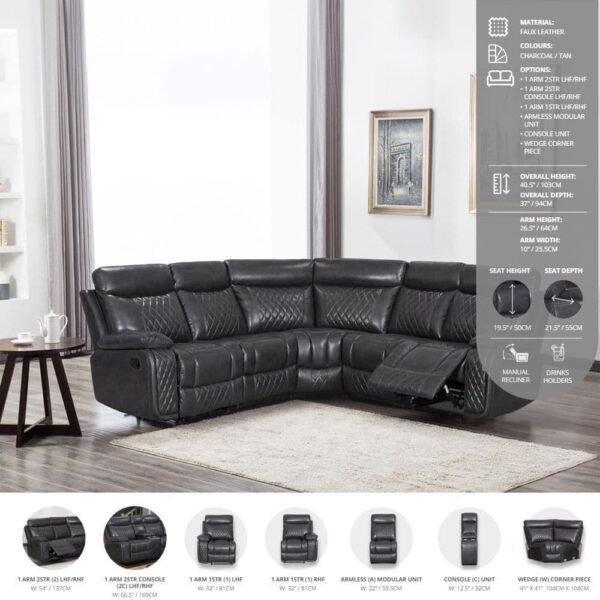 Euphoria Modular Faux Leather Recliner Charcoal Corner Sofa