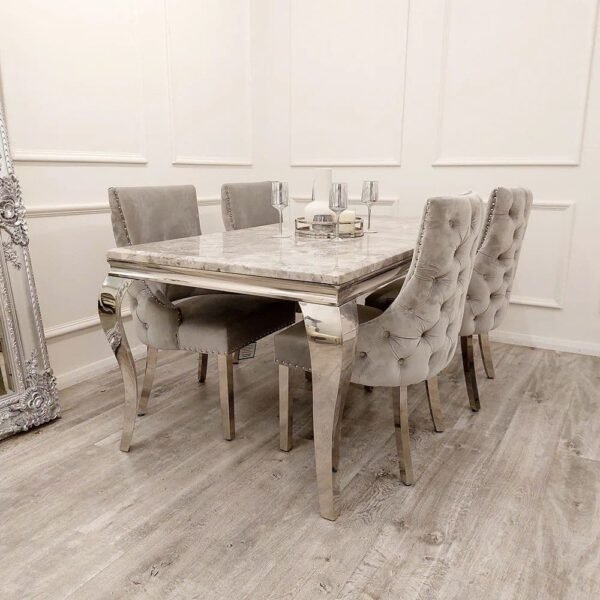 Juptier Rectangle Light Grey Marble Chrome Dining Table and Chairs