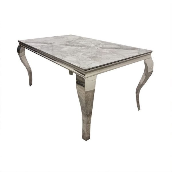 Juptier Rectangle Light Grey Marble Chrome Dining Table and Chairs - Image 2