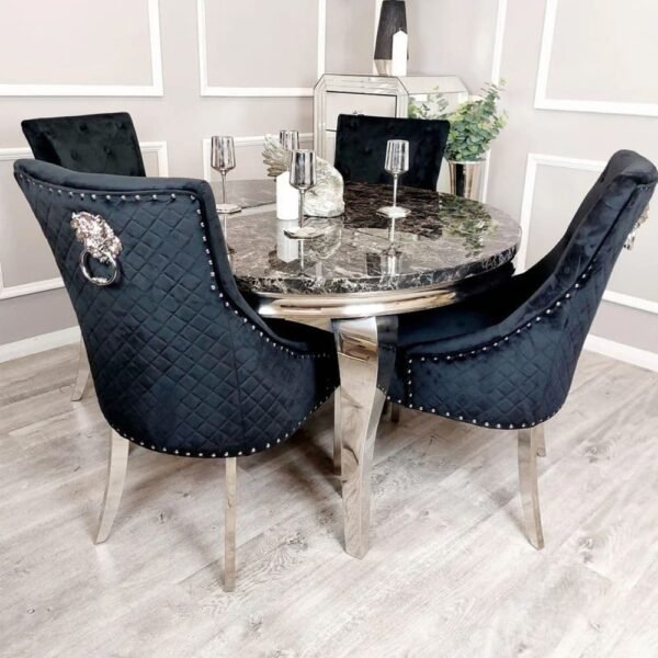 Juptier Round Black Marble Chrome Dining Table and Chairs