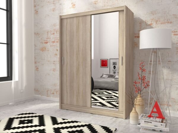 Maza 1 Mirror sliding wardrobe 130cm in whte/oak/grey - Image 2