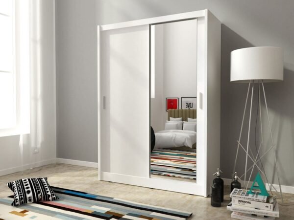 Maza 1 Mirror sliding wardrobe 130cm in whte/oak/grey