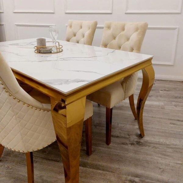 Vita Rectangle Marble Gold Dining Table and Chairs