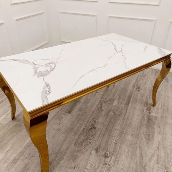 Vita Rectangle Marble Gold Dining Table and Chairs - Image 2